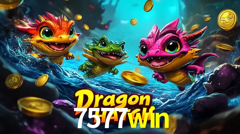 Arte promocional do jogo Dragon Hatch com três adoráveis dragões bebês nadando entre moedas de ouro, um dos slots mais divertidos para jogar no cassino 7577win.