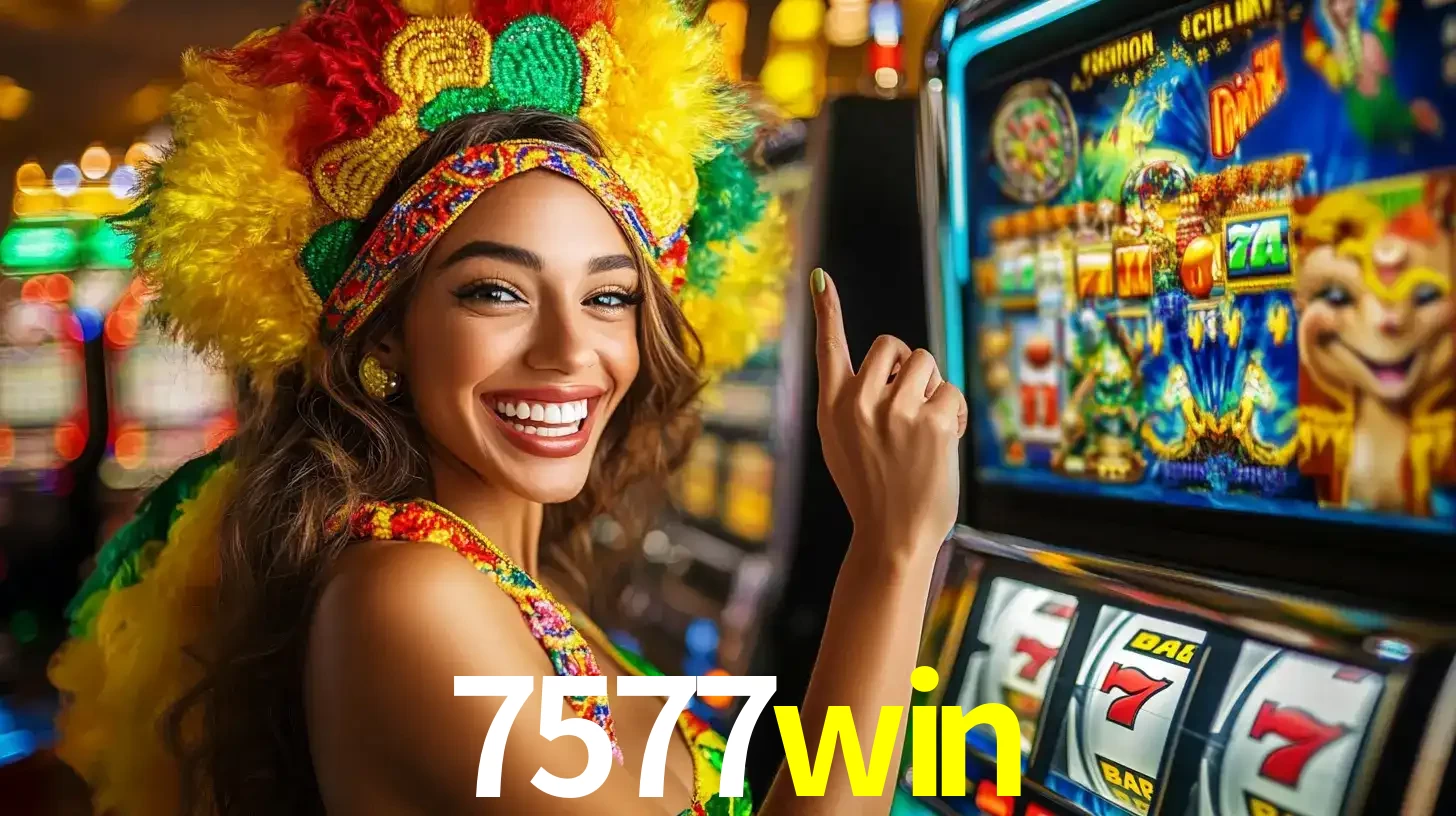 Mulher animada com um cocar de carnaval apontando para uma máquina de caça-níqueis, mostrando a emoção de ganhar um grande prêmio nos jogos do 7577win.