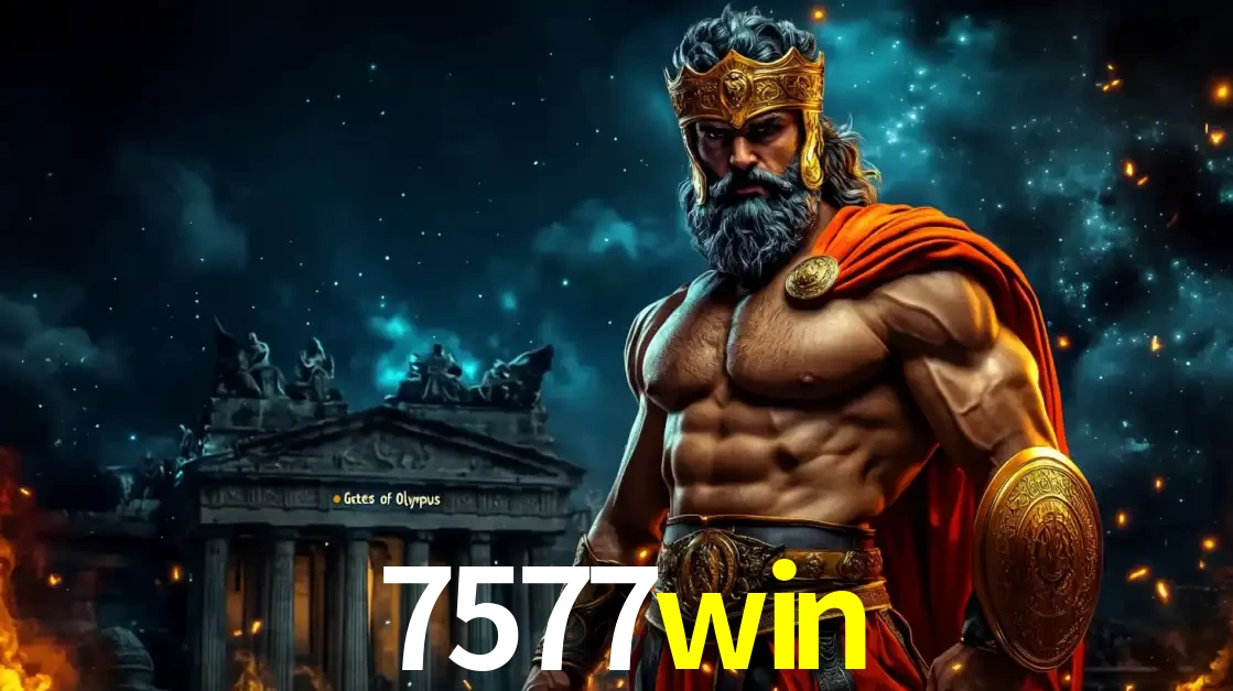 O poderoso Zeus do jogo de slot Gates of Olympus em frente ao seu templo, pronto para lançar multiplicadores divinos e prêmios épicos no cassino online 7577win.