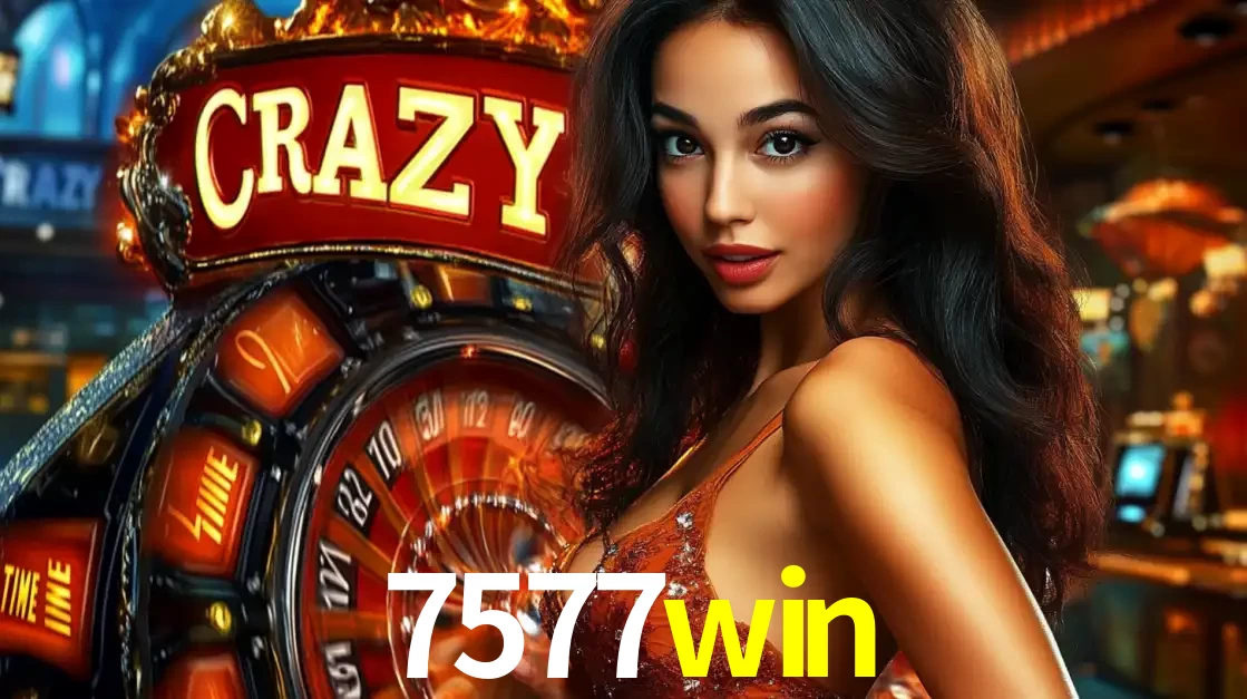 Mulher glamourosa olhando para a câmera com a roda vermelha do Crazy Time ao fundo em um ambiente de cassino, destacando a emoção dos jogos ao vivo no 7577win.