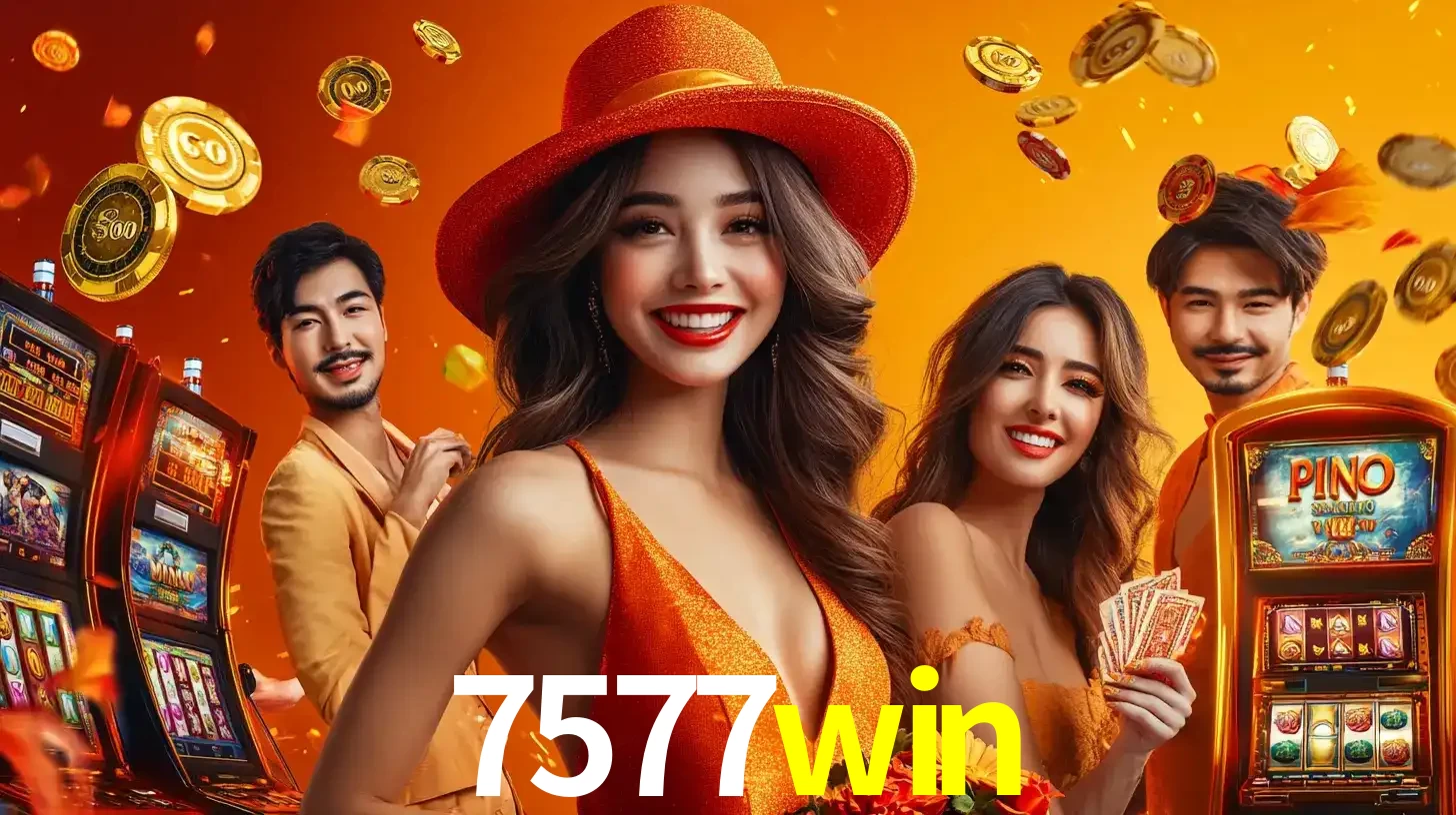 Grupo de amigos asiáticos sorrindo e se divertindo com máquinas de caça-níqueis em um ambiente festivo, celebrando suas vitórias nos jogos de cassino do 7577win.