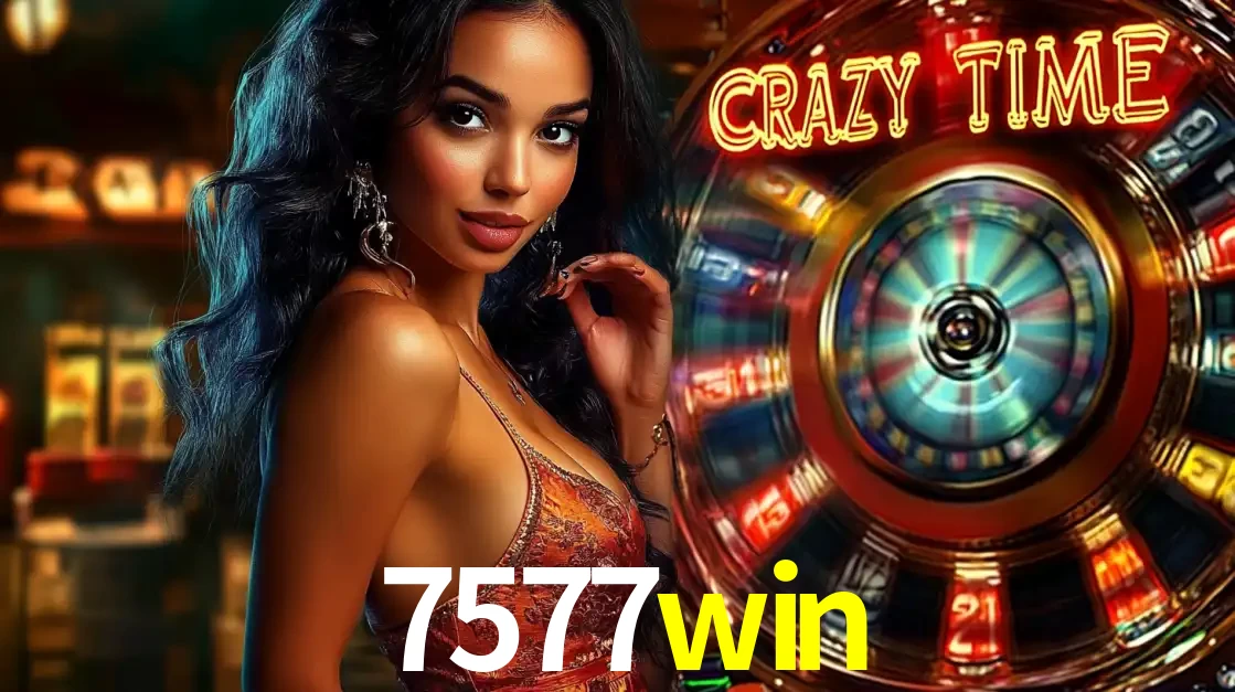 Mulher elegante ao lado da vibrante roda da fortuna do jogo de cassino ao vivo Crazy Time, um dos game shows mais populares e cheios de prêmios do 7577win.