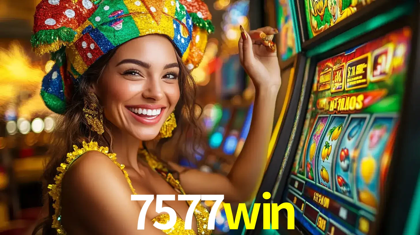 Mulher feliz com traje de carnaval amarelo e colorido ao lado de uma máquina de caça-níqueis, aproveitando a diversão e os jogos temáticos do cassino 7577win.