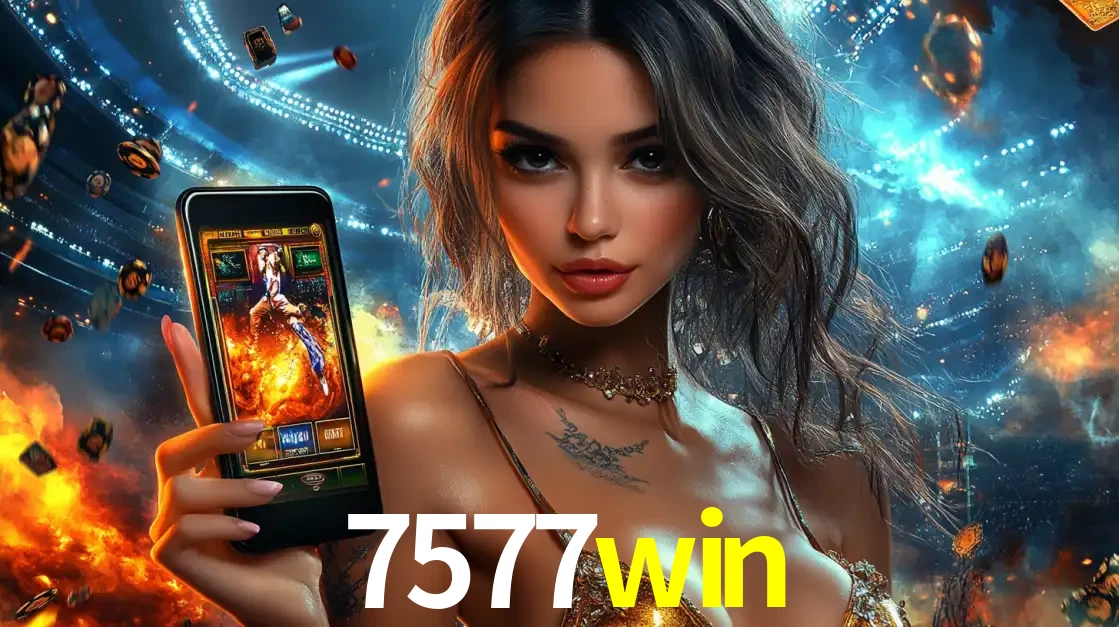 Mulher segurando um celular com um jogo de slot em destaque, tendo como fundo um estádio vibrante, simbolizando a emoção de jogar no cassino móvel 7577win.